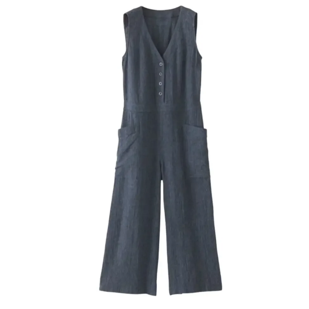 POETRY Dark Indigo Linen Blend Cropped Wide Leg Jumpsuit US 8 - Picture 2 of 12